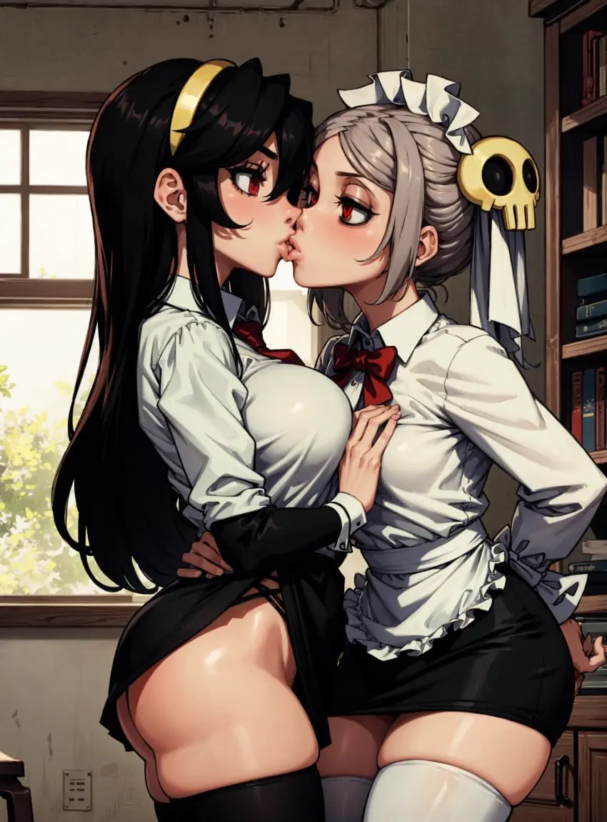 Image female,looking_at_viewer,ai_generated,yuri,kissing,video_games,skullgirls,makimass_ai,bloody_marie,marie_korbel,filia_(skullgirls)
