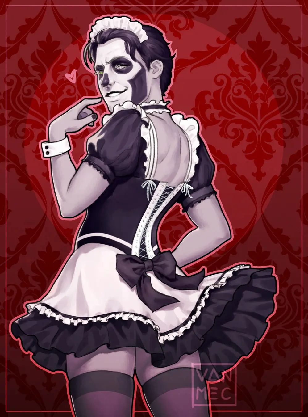 Image looking_at_viewer,male,thighhighs,tagme,nail_polish,maid_outfit,posing_for_the_viewer,smirk,facepaint,spotlight,ghost_bc,papa_emeritus_iii,vanmec