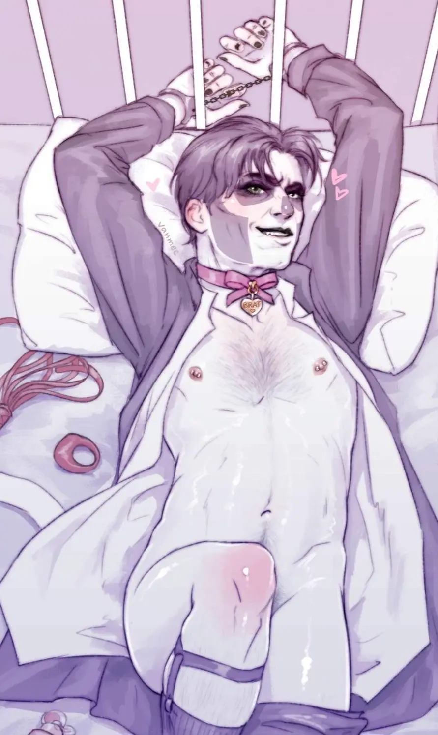 Image looking_at_viewer,male,thighhighs,tagme,collar,nipple_piercing,smirk,painted_nails,half-dressed,facepaint,hearts,hairy,hairy_male,cock_ring,jacket_only,handcuffs,brat,ghost_bc,papa_emeritus_iii,vanmec
