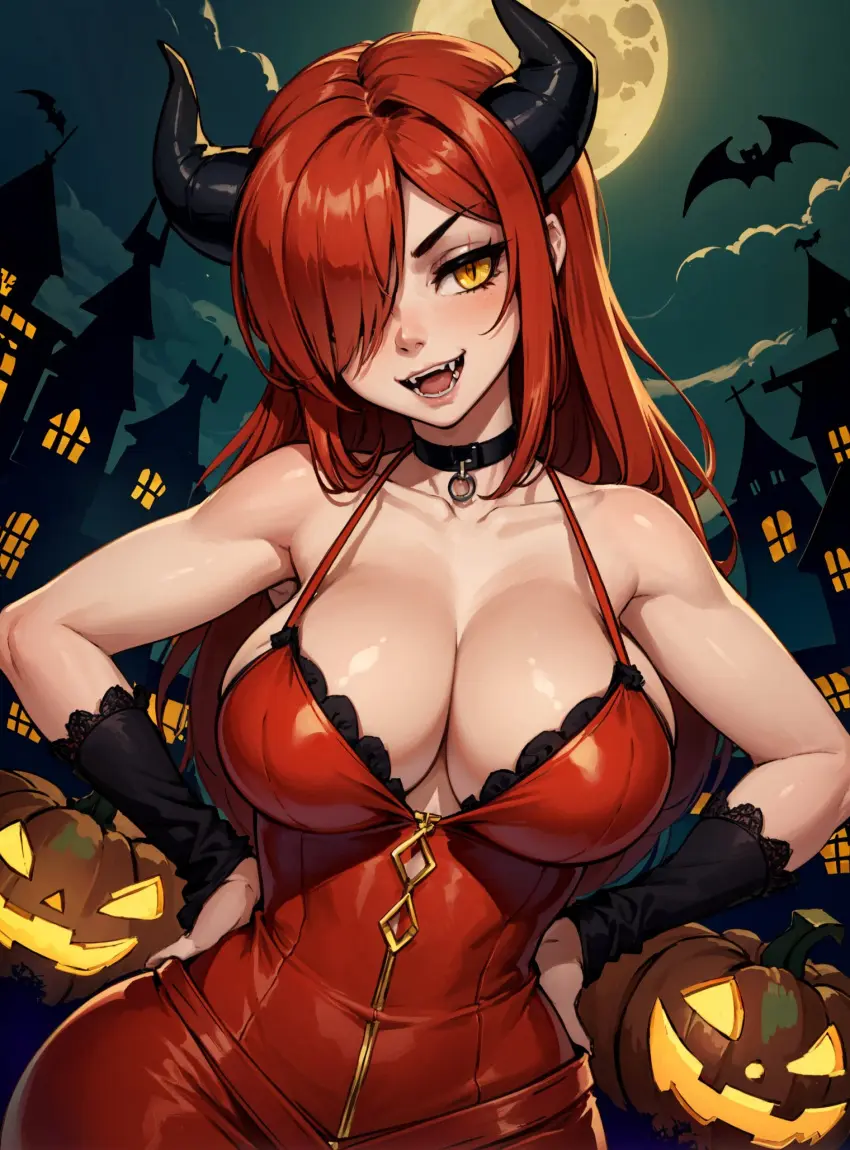 Image 1girls,big_breasts,blush,breasts,female,looking_at_viewer,yellow_eyes,red_hair,horns,ai_generated,cleavage,curvy,red_dress,video_games,halloween,blushing,skullgirls,redhead,makimass_ai,parasoul