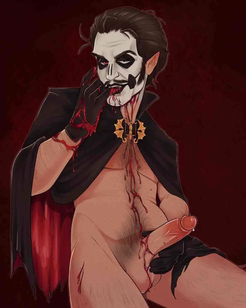 Image looking_at_viewer,gloves,male,tagme,blood,vampire,masturbation,cape,solo_male,facing_viewer,facepaint,hairy,hairy_male,dripping_precum,cape_only,ghost_bc,papa_emeritus_iv,covered_in_blood