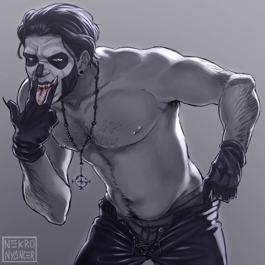 Image gloves,tongue_out,tongue,piercing,tagme,black_and_white,monochrome,claws,nipple_piercing,undressing,facepaint,piercings,hairy,shirtless,laced_pants,tongue_piercing,rosary,ghost_bc,papa_emeritus_iii,nekro_nyancer,ghost_band,lewd_gesture,piercings_on_nipples