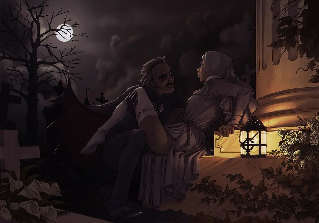 Image 1girls,female,1boy,black_gloves,gloves,male,background,grinning,tagme,stockings,socks,moon,vampire,cape,grabbing,fangs,flower,heterochromia,tree,fully_clothed,detailed_background,1boy1girl,moonlight,nun,fully_clothed_female,fully_clothed_male,grey_dress,lantern,vines,graveyard,grabbing_leg,complex_background,cardinal_copia,ghost_bc,black_makeup,grabbing_thigh