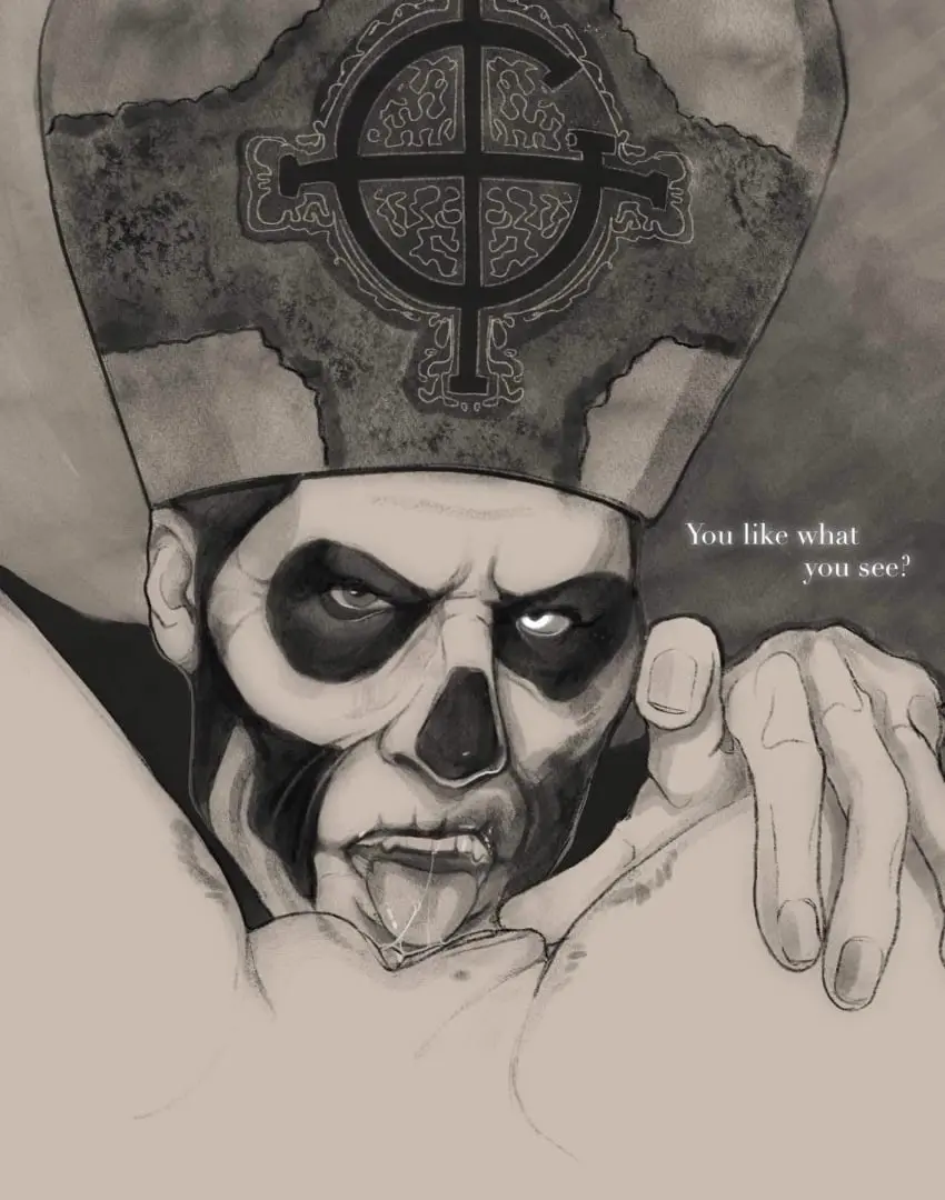 Image tagme,black_and_white,monochrome,dialogue,heterochromia,cunnilingus,facepaint,religious_clothing,eating_pussy,lipstick_marks,ghost_bc,papa_emeritus_ii,cunnilingus_pov,painting_(artwork)