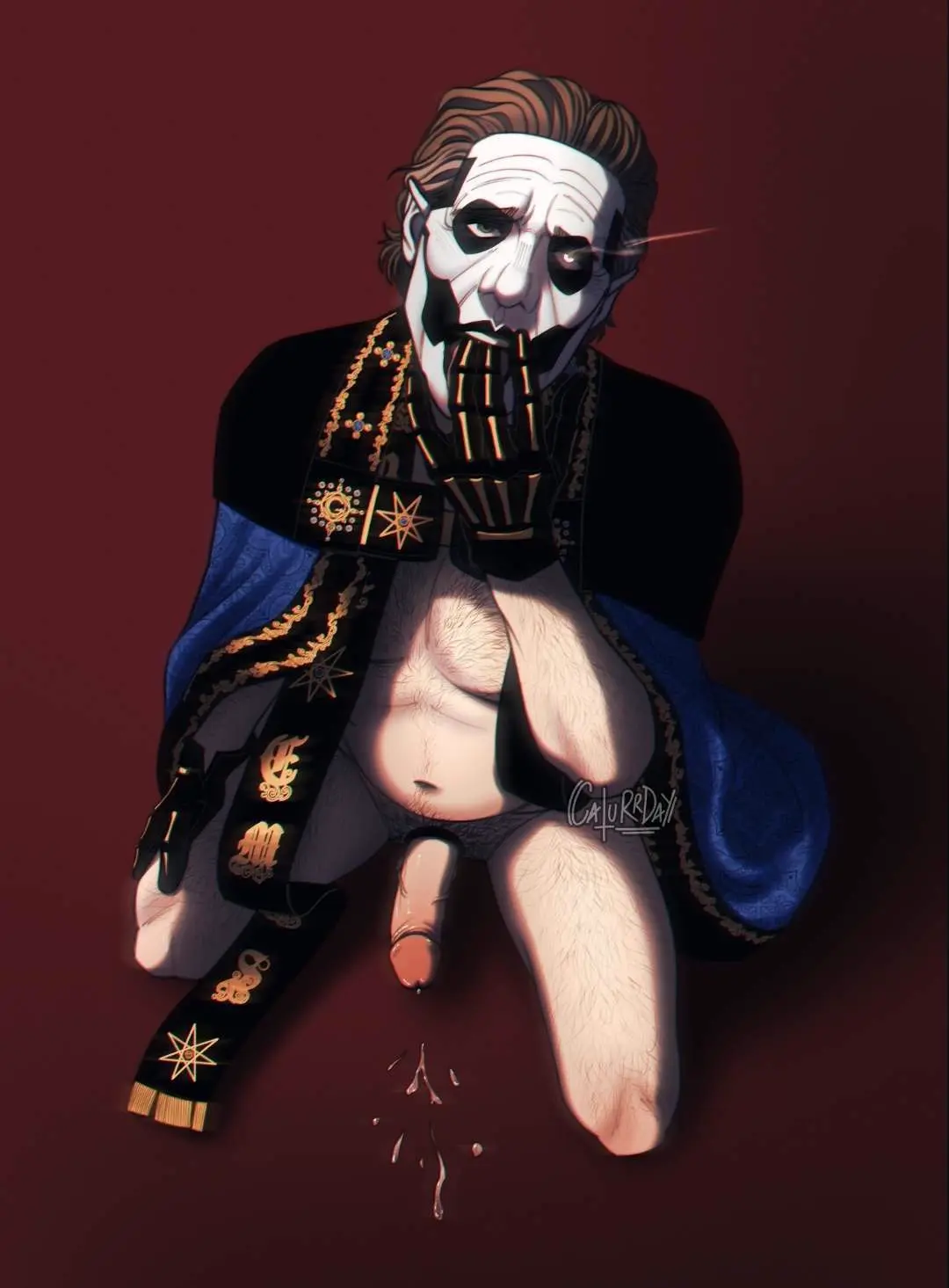 Image gloves,male,kneeling,male_only,tagme,heterochromia,on_knees,post_orgasm,solo_male,facepaint,cum_splatter,hairy,hairy_male,cock_ring,religious_clothing,sucking_fingers,ghost_bc,papa_emeritus_iv,caturrday
