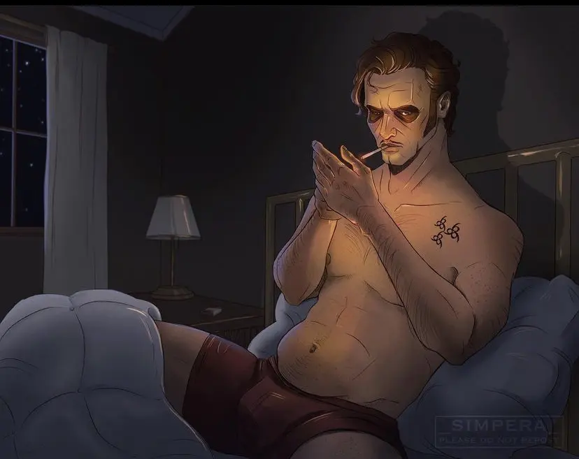 Image male,tattoo,tagme,underwear_only,solo_male,chest_hair,boxers_(clothing),laying_on_bed,in_bed,tattoo_on_chest,smoking_cigarette,boxers_only,cardinal_copia,ghost_bc