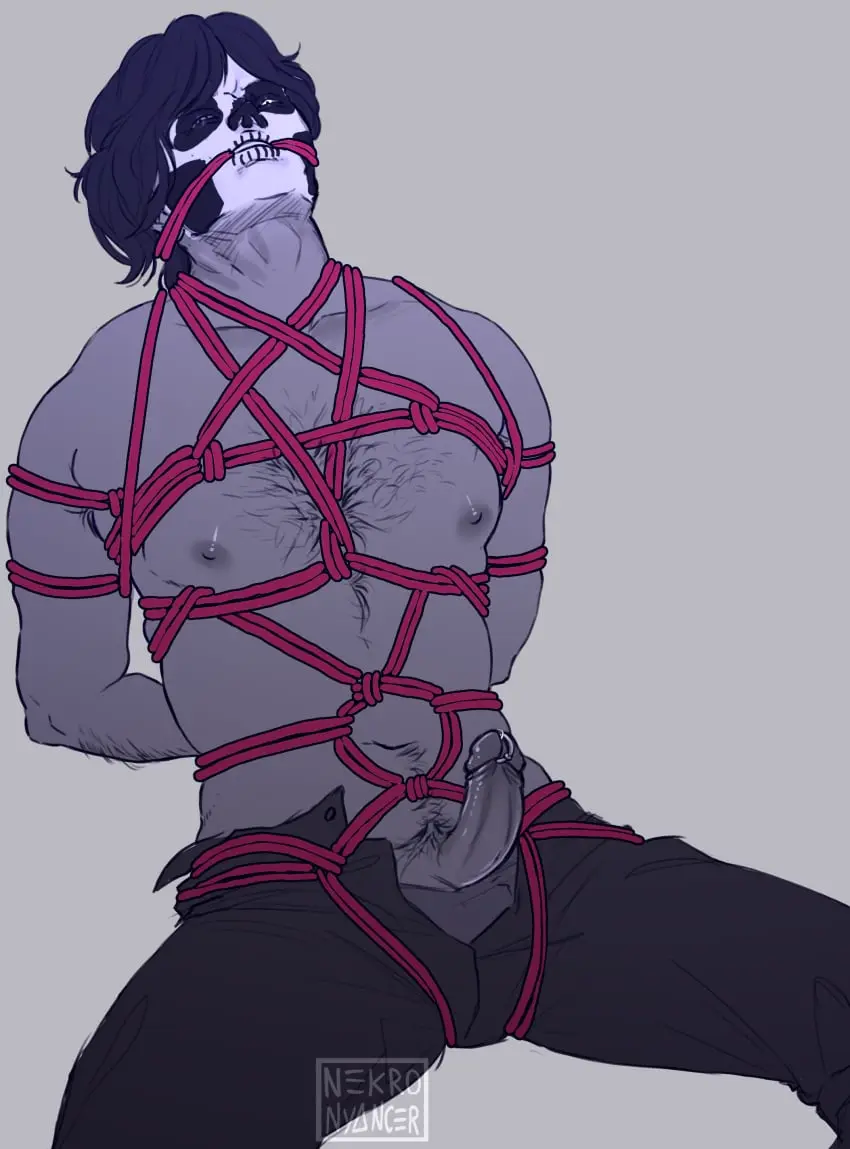 Image black_hair,male,penis,male_only,tagme,cock,dick,tied_up,solo_male,half-dressed,facepaint,chest_hair,exposed_penis,red_rope,prince_albert_piercing,ghost_bc,white_facepaint,nekro_nyancer,dick_out,shibari,papa_nihil,skull_face_paint