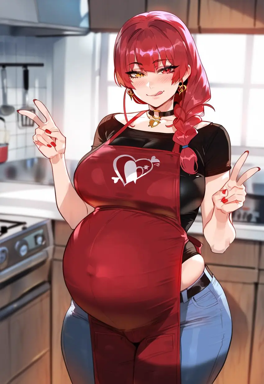 Image 1girls,breasts,female,hi_res,light-skinned_female,light_skin,long_hair,red_eyes,yellow_eyes,red_hair,thick_thighs,thighs,milf,wide_hips,virtual_youtuber,hips,ai_generated,pregnant,huge_breasts,aged_up,stable_diffusion,hololive,hololive_fantasy,hololive_japan,heterochromia,high_resolution,naughty_face,peace_sign,thiccwithaq_(ai_style),artstyle_imitation,floox,houshou_marine