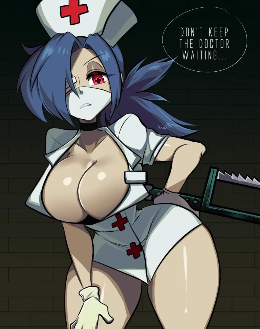 Image 1girls,breasts,female,female_only,large_breasts,female_focus,ponytail,text,necklace,english_text,ninja,kunoichi,skullgirls,nurse_cap,nurse,valentine_(skullgirls),bonesaw,missandydandy,saw