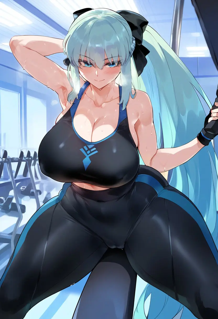 Image blush,breasts,female,large_breasts,long_hair,looking_at_viewer,open_mouth,solo,bangs,black_gloves,blue_eyes,gloves,ass,ai_generated,gym,bare_shoulders,heavy_breathing,fingerless_gloves,fate_(series),silver_hair,spread_ass,fate/grand_order,depressu,morgan_le_fay_(fate),partly_fingerless_gloves