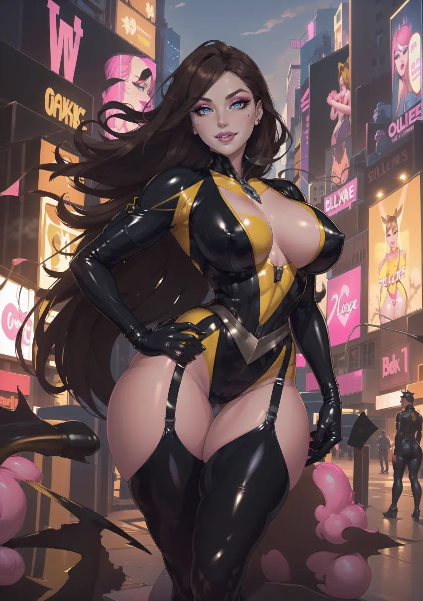 Image looking_at_viewer,blue_eyes,milf,ai_generated,tagme,latex,latex_clothing,purple_lips,purple_lipstick,latex_gloves,latex_thighhighs,latex_bodysuit,latex_suit,blue_eyes_female,purple_eyeshadow,silk_spectre,watchmen,watchmen_(2009),xftriber