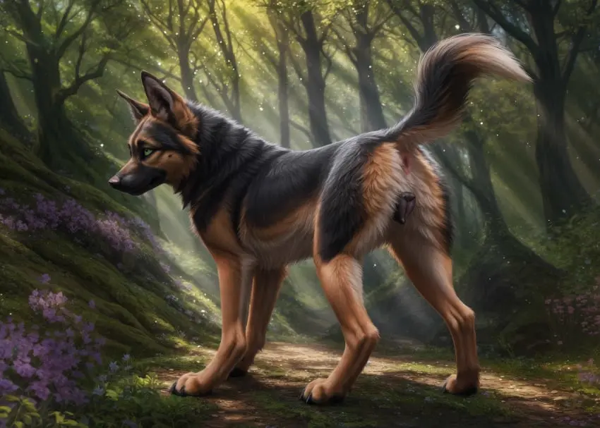 Image female,hi_res,solo,standing,pussy,ass,ai_generated,tan_body,anus,green_eyes,realistic,canid,canine,canis,domestic_dog,fur,genitals,mammal,multicolored_body,multicolored_fur,claws,black_body,flower,detailed,white_body,outside,tree,big_ears,forest,animal_genitalia,plant,tuft,tan_fur,detailed_background,raised_tail,white_fur,feral,day,sunlight,glowing,animal_pussy,light,black_fur,black_claws,grass,herding_dog,pastoral_dog,inner_ear_fluff,canine_pussy,ears_up,three-quarter_view,pink_anus,facial_tuft,lighting,black_pussy,german_shepherd,blp,detailed_fur,cheek_tuft,light_beam,moss,sunbeam