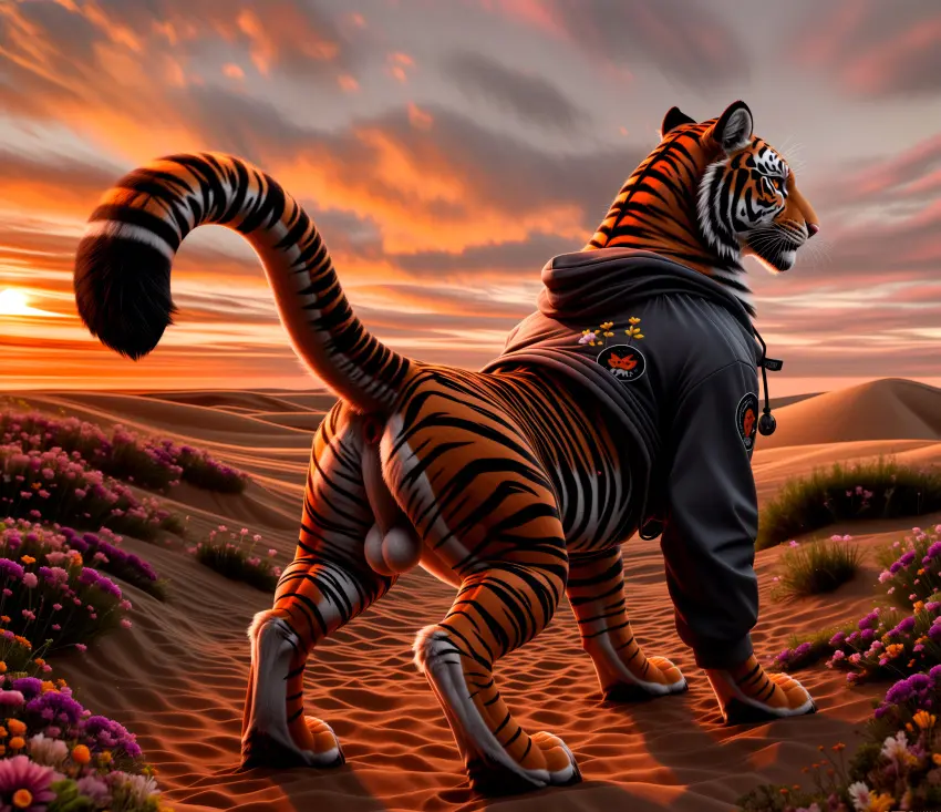 Image clothed,clothing,hi_res,solo,standing,male,ass,orange_eyes,ai_generated,balls,anus,cloud,presenting,fur,genitals,mammal,multicolored_body,multicolored_fur,black_body,flower,sand,orange_body,white_body,outside,presenting_hindquarters,hoodie,markings,plant,tuft,topwear,detailed_background,orange_fur,raised_tail,white_balls,white_fur,feral,felid,sunlight,perineum,light,black_fur,pantherine,stripes,tiger,pink_nose,sunset,inner_ear_fluff,whiskers,striped_body,striped_fur,fur_markings,three-quarter_view,pink_anus,white_perineum,facial_tuft,blp,cheek_tuft,short_fur,clothed_feral,landscape,sand_dune