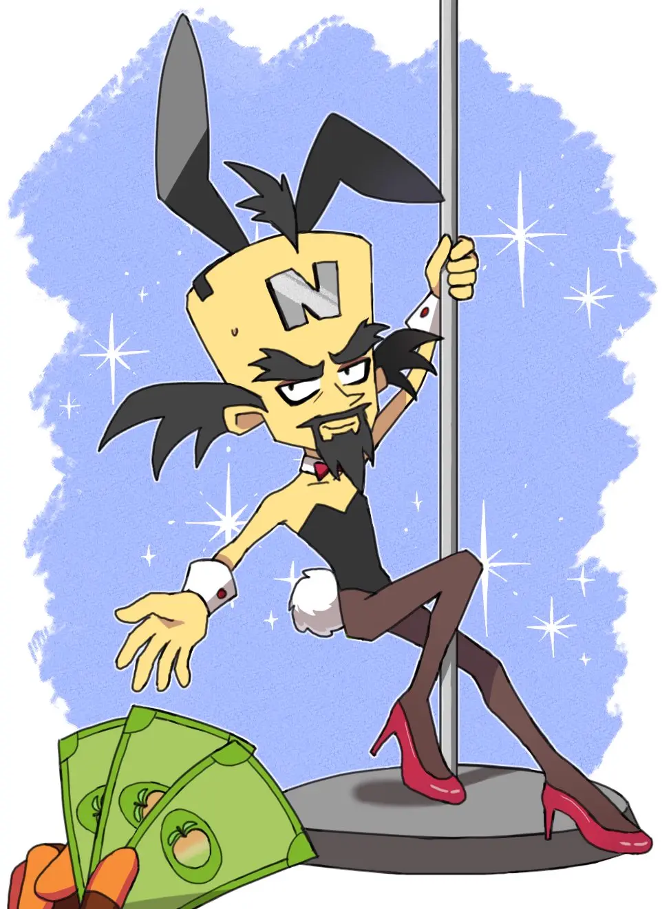 Image male,sweat,furry,male_only,anthro,bunny_ears,high_heels,interspecies,bunnysuit,fishnets,money,furry_male,offscreen_character,pole,strip_club,pole_dancing,crash_(series),crash_bandicoot,wumpa_fruit,crash_mind_over_mutant,crash_of_the_titans,doctor_neo_cortex,usagi_kii,human_focus