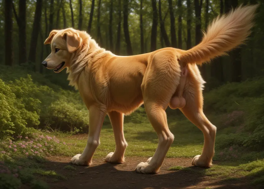 Image hi_res,open_mouth,smile,solo,standing,male,ai_generated,open_smile,balls,anus,realistic,bird_dog,canid,canine,canis,domestic_dog,fur,genitals,hunting_dog,mammal,multicolored_body,multicolored_fur,retriever,paws,yellow_body,yellow_fur,flower,detailed,black_nose,white_body,outside,tree,forest,fluffy,plant,detailed_background,raised_tail,white_fur,feral,day,sunlight,perineum,floppy_ears,light,grass,three-quarter_view,pink_anus,lighting,blp,whisker_spots,detailed_fur,shrub,golden_retriever,backlighting