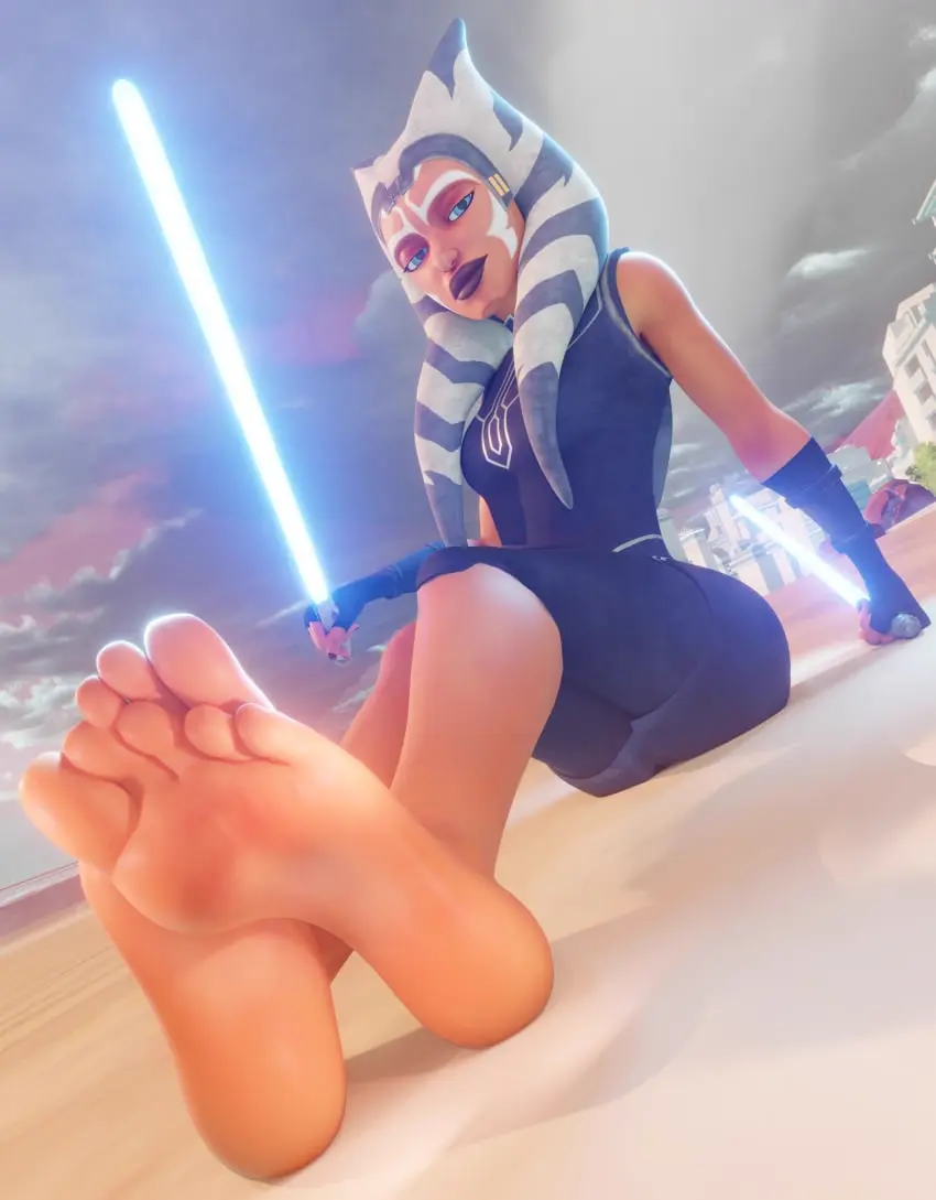 Image 1girls,clothed,clothing,female,female_only,looking_at_viewer,blue_eyes,gloves,barefoot,beach,feet,foot_fetish,sitting,3d,blender,soles,sand,black_fingernails,feet_focus,lipstick,orange_body,fingerless_gloves,orange_skin,toes,painted_nails,star_wars,feet_together,foot_focus,facepaint,black_lipstick,cloudy_sky,ahsoka_tano,clone_wars,togruta,tendrils,lightsaber,montrals,syclops