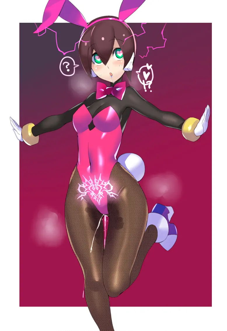 Image blush,breasts,female,open_mouth,solo,standing,animal_ears,black_hair,gloves,heart-shaped_pupils,short_hair,symbol-shaped_pupils,cleavage,hairband,jewelry,tattoo,green_eyes,pussy_juice,brown_hair,rabbit_ears,saliva,hair_between_eyes,detached_collar,white_gloves,pubic_tattoo,bracelet,heart,covered_navel,spoken_heart,playboy_bunny,leg_up,bodysuit,leotard,necktie,?,fake_animal_ears,strapless,strapless_leotard,pantyhose,groin,narrow_waist,!?,electricity,wrist_cuffs,android,border,white_border,foot_out_of_frame,glowing_tattoo,mega_man,blue_footwear,blue_hairband,outside_border,aile,mega_man_zx,pink_leotard,pink_necktie,robot_ears,ukimukai