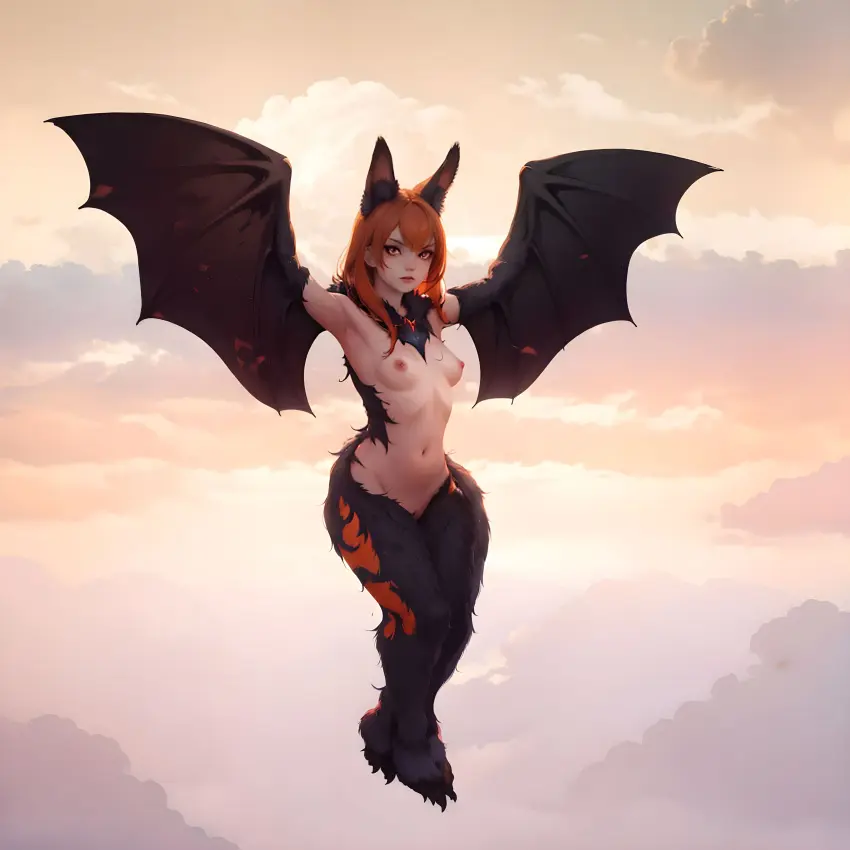 Image breasts,female,nude,furry,small_breasts,white_skin,humanoid,orange_eyes,ai_generated,orange_hair,nude_female,ginger,monster_girl,stable_diffusion,black_wings,ginger_hair,full_body,black_fur,bat_wings,bat,black,harpy,breeders_of_the_nephelym,furry_legs,human_face,nephelym,small_female,bat_girl,orange