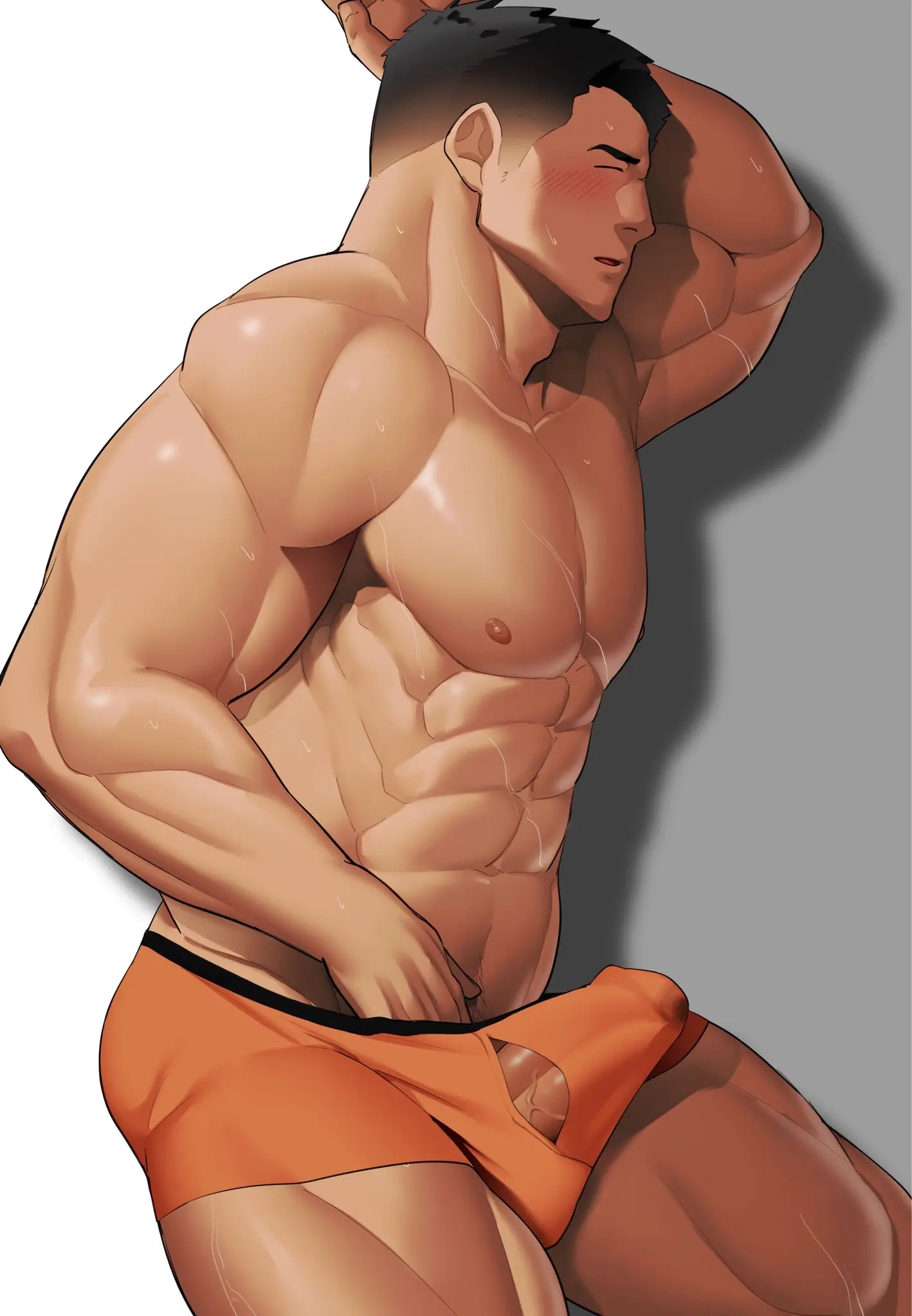 Image cowboy_shot,highres,nipples,solo,standing,1boy,male,navel,penis,short_hair,sweat,underwear,thick_thighs,thighs,erection,muscular,muscular_male,yaoi,original,bara,bulge,erection_under_clothes,from_side,stomach,male_focus,abs,pectorals,topless_male,large_pectorals,navel_hair,penis_peek,boxers,profile,male_underwear,sideburns,adam's_apple,hand_under_clothes,kansuke_(kansuke_717),orange_male_underwear