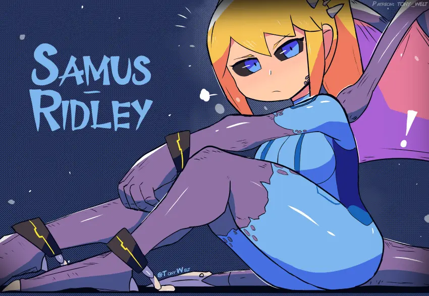 Image female,blue_eyes,tail,thick_thighs,tagme,blonde_hair,monster_girl,nintendo,2022,claws,torn_clothes,black_sclera,fusion,metroid,samus_aran,skin_tight,zero_suit,zero_suit_samus,tony_welt,ridley_(metroid)