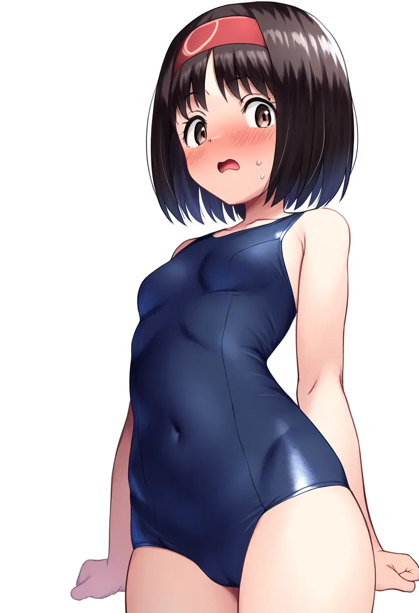 Image 1girls,blush,breasts,brown_eyes,female,looking_at_viewer,open_mouth,standing,black_hair,pokemon,short_hair,embarrassed,ai_generated,medium_breasts,one-piece_swimsuit,swimsuit,nintendo,self_upload,cameltoe,alternate_costume,school_swimsuit,novelai,erika_(pokemon),pokemon_frlg,pokemon_rgby,navel_visible_through_clothes,pokemon_lgpe
