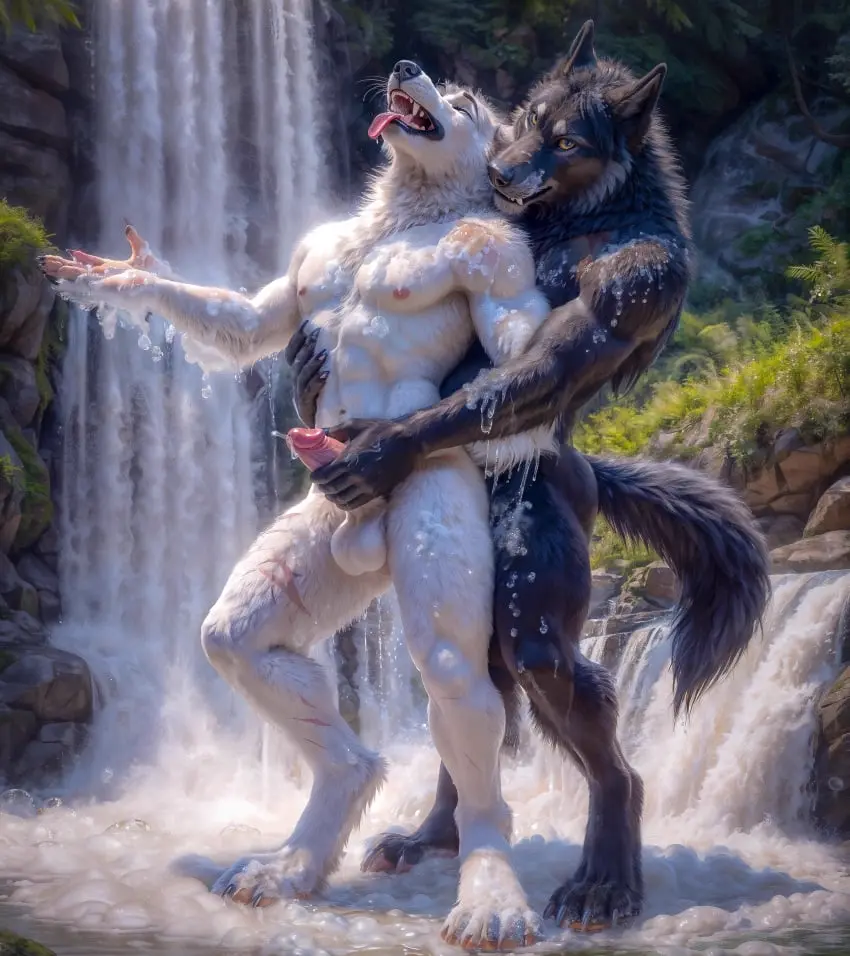 Image hi_res,nipples,male,navel,penis,duo,erection,water,ai_generated,male/male,teeth,balls,anthro,absurd_res,wet,canid,canine,canis,fur,genitals,mammal,wolf,claws,paws,black_body,looking_at_another,fangs,wet_body,white_body,kissing,tree,abs,wolf_ears,wolf_tail,anthro_only,forest,animal_genitalia,animal_penis,canine_genitalia,canine_penis,plant,were,werecanid,werecanine,werewolf,white_fur,black_fur,anthro_on_anthro,full-length_portrait,portrait,lake,waterfall,foam,touching_partner,wolfschaser
