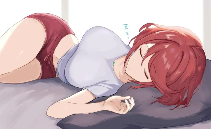 Image 1girls,breasts,female,large_breasts,short_hair,lying,red_hair,artist_request,closed_eyes,nintendo,core_crystal,pyra,xenoblade_(series),xenoblade_chronicles_2,sleeping,zzz
