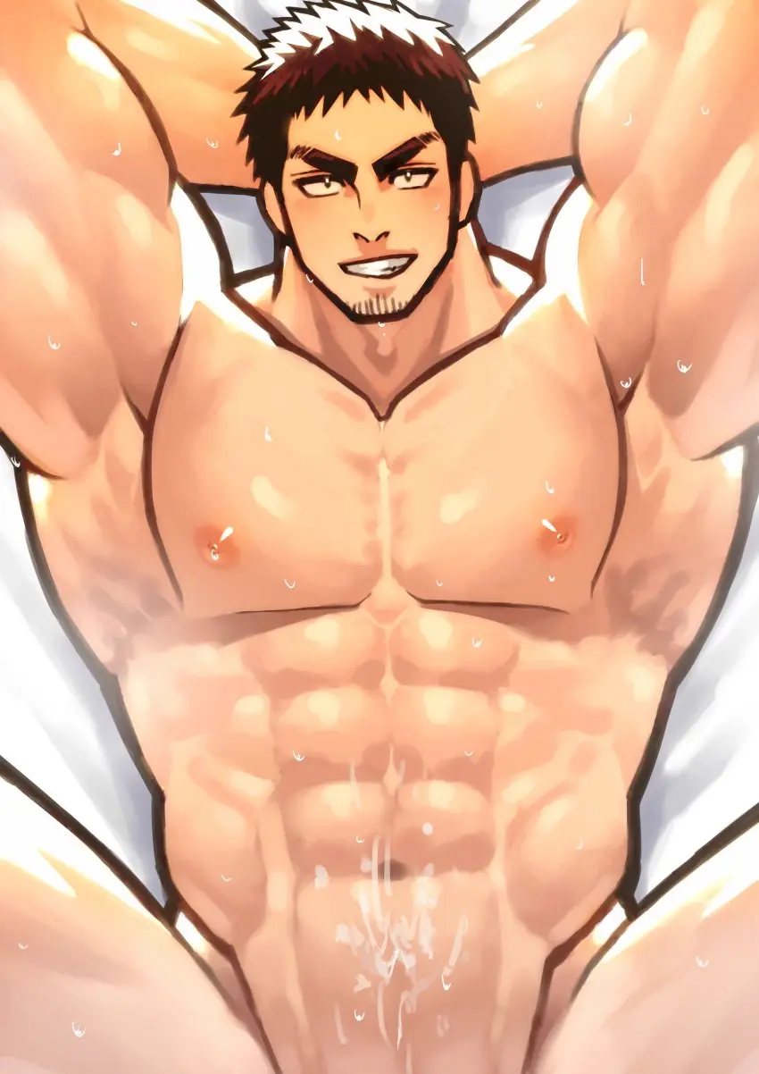 Image cowboy_shot,highres,looking_at_viewer,smile,solo,1boy,absurdres,black_hair,cum,male,navel,nude,short_hair,seductive_smile,thick_thighs,thighs,muscular,muscular_male,male_only,yaoi,arms_behind_head,grin,completely_nude,spread_legs,on_bed,bara,cum_on_body,thick_eyebrows,stomach,out-of-frame_censoring,male_focus,solo_male,abs,pectorals,implied_sex,facial_hair,large_pectorals,mature_male,cum_on_stomach,goatee_stubble,stubble,sanpaku,senpai_ga_uzai_kouhai_no_hanashi,takeda_harumi_(shiromanta),shaved_body,sideburns,toshun_(momotoshi)