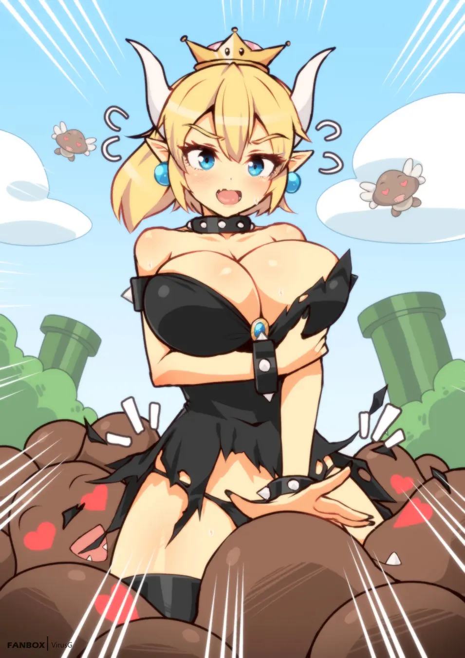 Image 1girls,big_breasts,breasts,female,blue_eyes,panties,2021,horns,cleavage,huge_breasts,tagme,blonde_hair,mario_(series),nintendo,outdoors,torn_clothes,black_nails,super_mario_bros.,new_super_mario_bros._u_deluxe,virus-g,bowsette,goomba,paragoomba