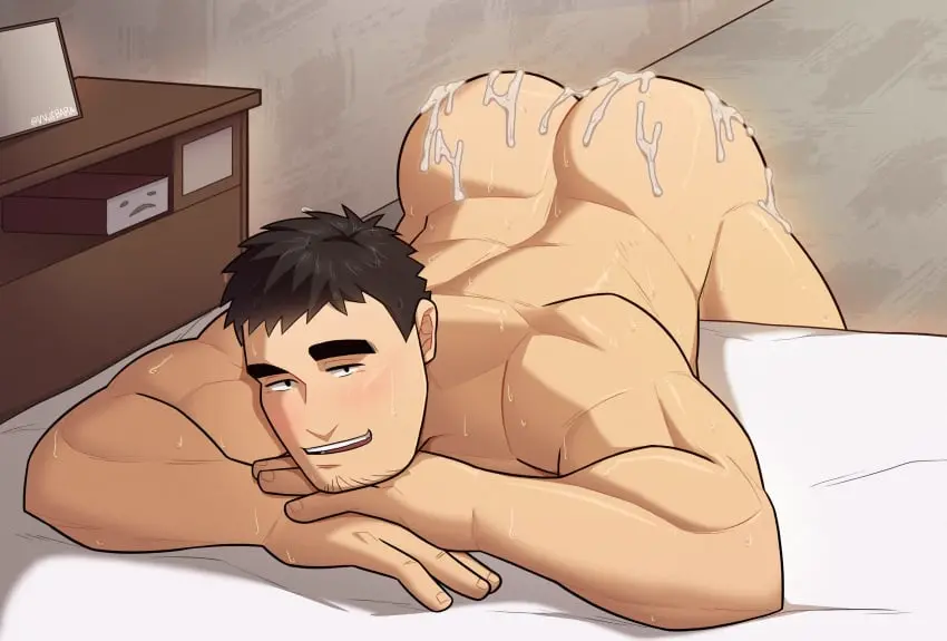 Image blush,highres,looking_at_viewer,solo,1boy,black_hair,cum,male,nude,short_hair,lying,ass,muscular,muscular_male,male_only,yaoi,completely_nude,on_stomach,after_sex,gay,top-down_bottom-up,bara,presenting,cum_on_ass,thick_eyebrows,male_focus,naughty_face,facial_hair,mature_male,presenting_ass,goatee_stubble,stubble,huge_eyebrows,second-party_source,senpai_ga_uzai_kouhai_no_hanashi,takeda_harumi_(shiromanta),implied_yaoi,sideburns,vvulfbara