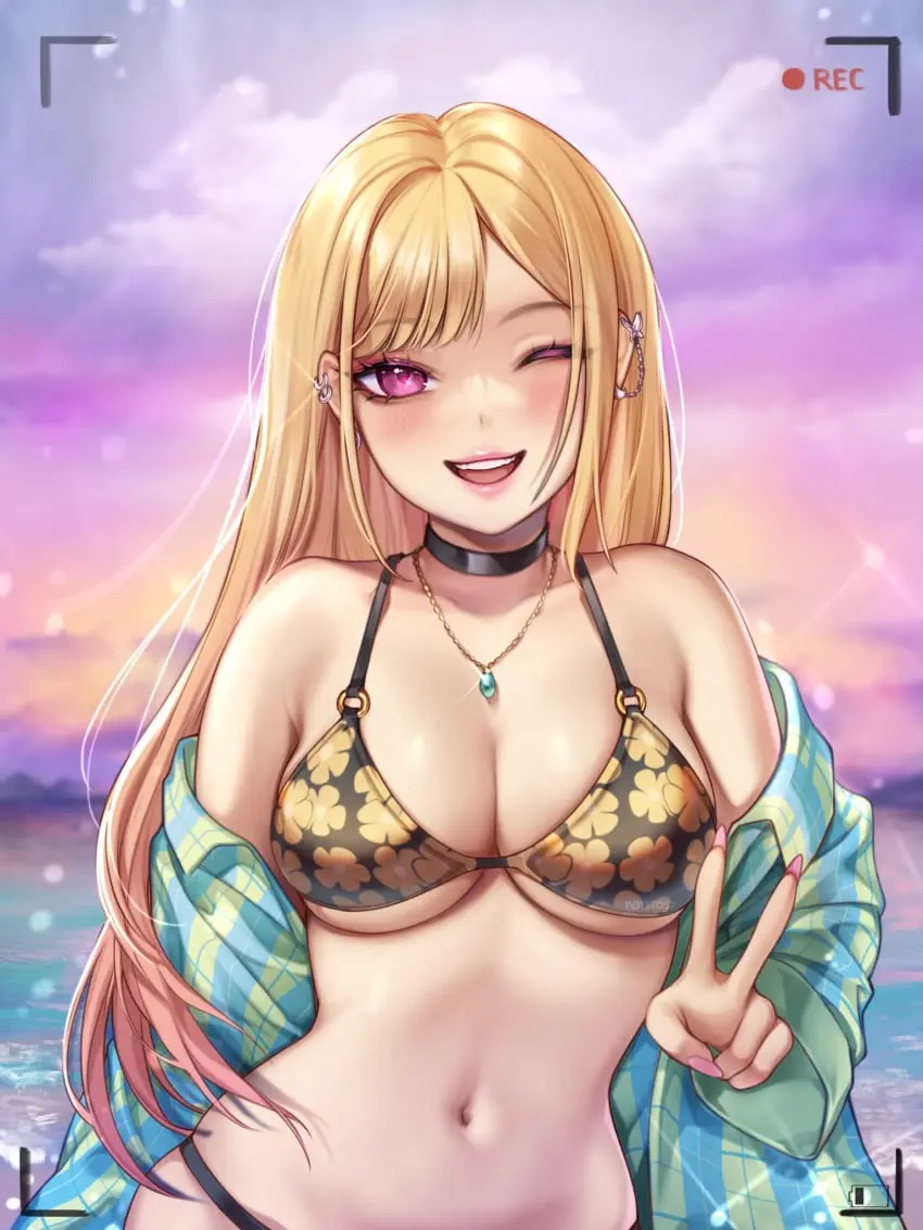 Image breasts,female,female_only,solo,choker,bikini,earrings,beach,tagme,blonde_hair,wink,swimsuit,posing,peace_sign,v_sign,gyaru,kitagawa_marin,sono_bisque_doll_wa_koi_wo_suru,potetos7