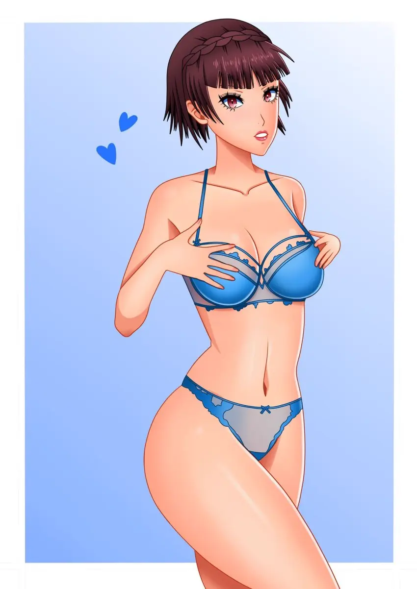 Image breasts,female,female_only,solo,short_hair,bra,panties,underwear,lipstick,atlus,persona,persona_5,makoto_niijima,rrl0215