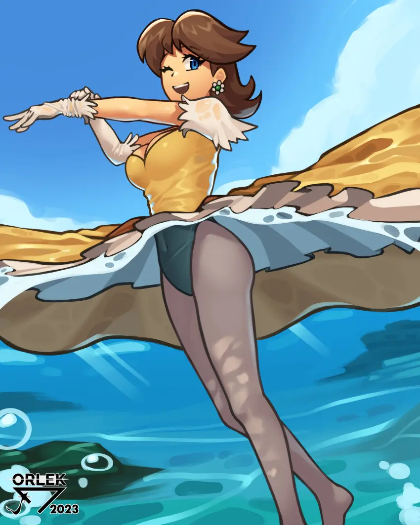 Image breasts,female,female_only,open_mouth,solo,one_eye_closed,mario_(series),nintendo,princess_daisy,orlek
