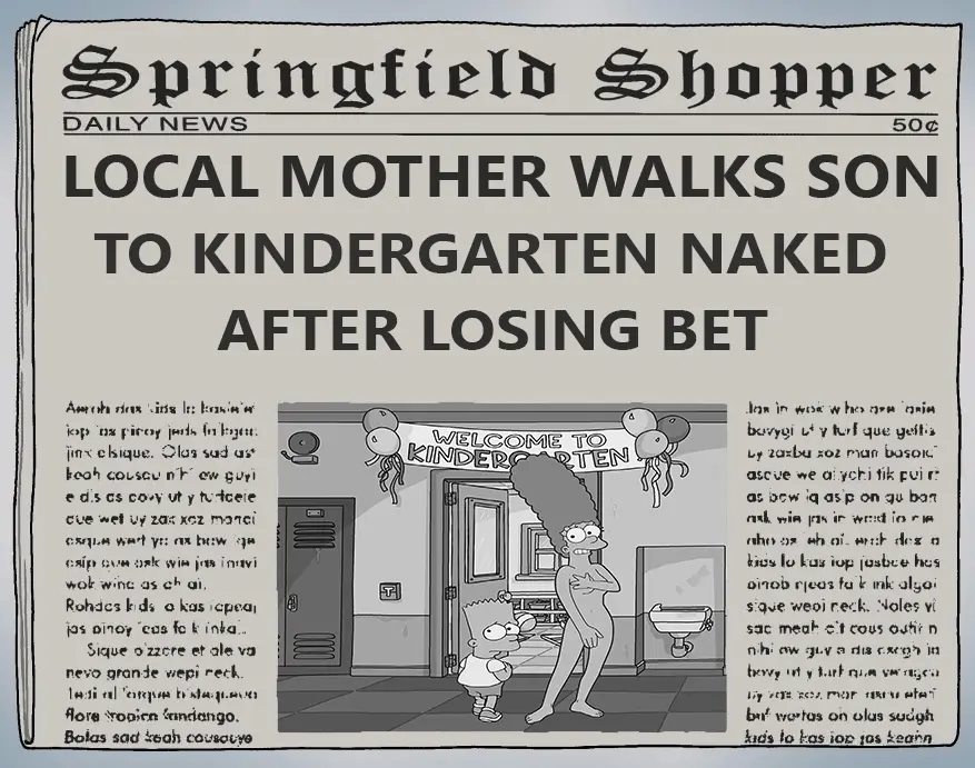 Image female,accurate_art_style,humiliation,public,yellow_body,mother,school,classroom,yellow_skin,marge_simpson,the_simpsons,bart_simpson,mother_and_son,public_nudity,20th_century_studios,public_exposure,public_indecency,schoolboy,son,20th_century_fox,newspaper,public_humiliation,beehive_hairdo,black_and_white_background,kindergarten,lost_bet,matt_groening_(style)