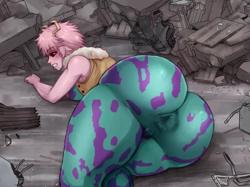 Image blush,breasts,clothing,female,hi_res,looking_at_viewer,solo,short_hair,sweat,yellow_eyes,lying,ass,big_butt,huge_butt,looking_back,thick_thighs,humanoid,wide_hips,eyelashes,teeth,hair,pink_hair,my_hero_academia,sweatdrop,clenched_teeth,bodily_fluids,rear_view,skinsuit,tight_clothing,horn,bodysuit,topwear,looking_back_at_viewer,pink_body,black_sclera,horned_humanoid,camel_toe,green_clothing,pattern_clothing,on_front,yellow_clothing,mina_ashido,yellow_horn,anus_outline,quqii,green_bodysuit,green_skinsuit,pattern_bodysuit,rubble,yellow_topwear