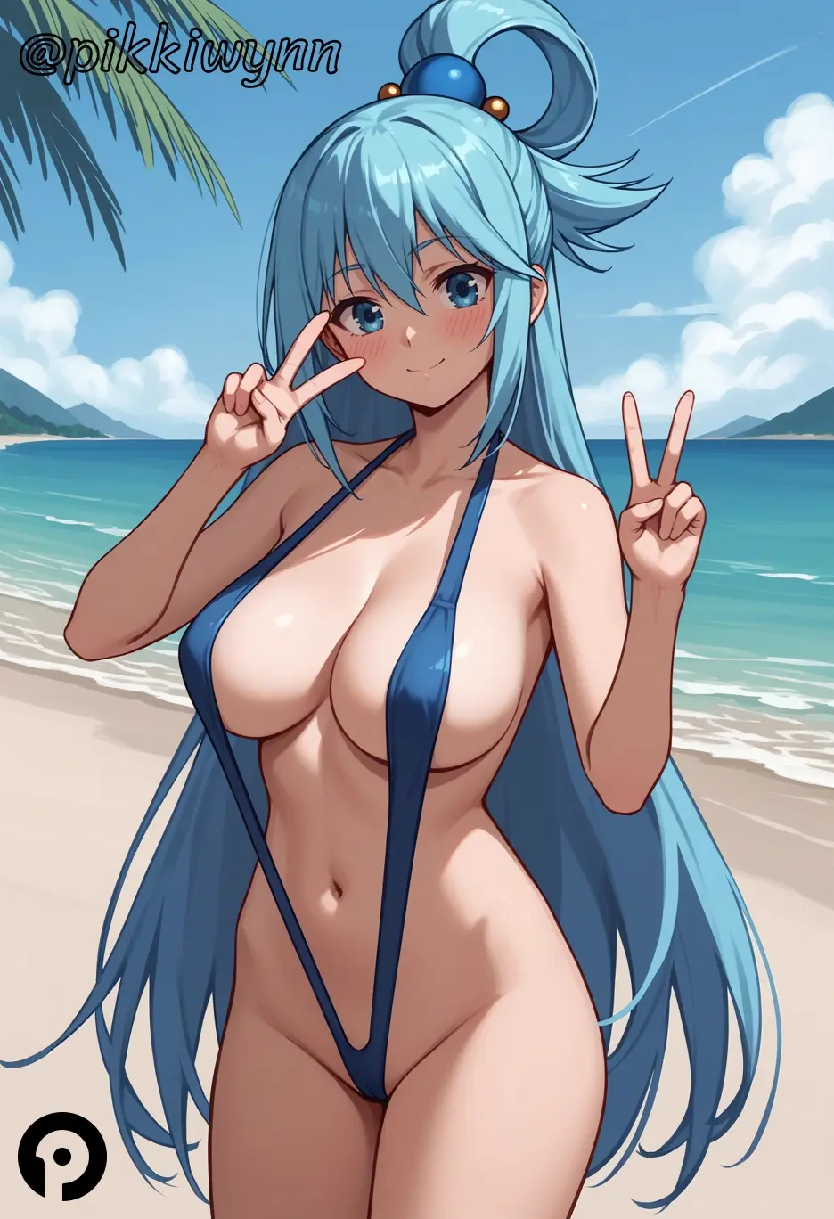 Image blush,breasts,cowboy_shot,female,hair_ornament,large_breasts,long_hair,looking_at_viewer,smile,solo,very_long_hair,bangs,blue_eyes,blue_hair,navel,thighs,beach,water,ocean,sky,ai_generated,bare_shoulders,cleavage,collarbone,one-piece_swimsuit,swimsuit,cloud,hair_between_eyes,outdoors,closed_mouth,alternate_costume,stomach,tree,sling_bikini,blue_sky,blue_one-piece_swimsuit,day,v,slingshot_swimsuit,hands_up,kono_subarashii_sekai_ni_shukufuku_wo!,double_v,aqua_(konosuba),hair_rings,pikkiwynn