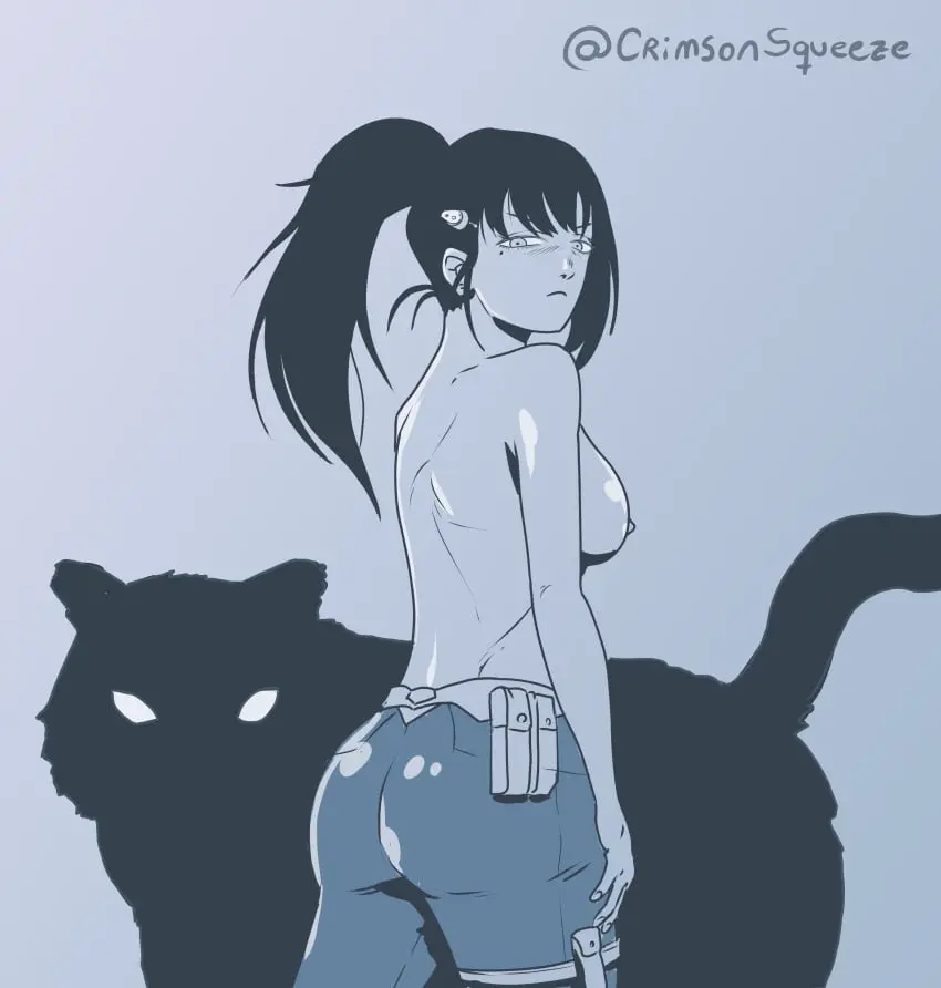 Image female,female_only,looking_at_viewer,simple_background,black_hair,ass,back,ass_focus,nudity,tiger,.,bakko_(kaiju_no._8),crimsonsqueeze,kaiju_no.8,mina_ashiro