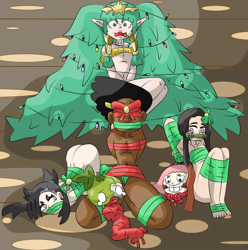 Image female,female_only,long_hair,looking_at_viewer,very_long_hair,black_hair,multiple_girls,nude,pokemon,ass,big_ass,kneeling,one_piece,dark_skin,nude_female,what,completely_nude,dark-skinned_female,green_hair,restrained,christmas,fire_emblem,young,fire_emblem:_three_houses,bondage,ass_up,femsub,crossover,ball_gag,gag,face_down_ass_up,6+girls,demon_slayer,kimetsu_no_yaiba,6girls,kamado_nezuko,marnie_(pokemon),improvised_gag,christmas_lights,protoy,dr.stone,sothis_(fire_emblem),suika_(dr.stone),toko_(one_piece)