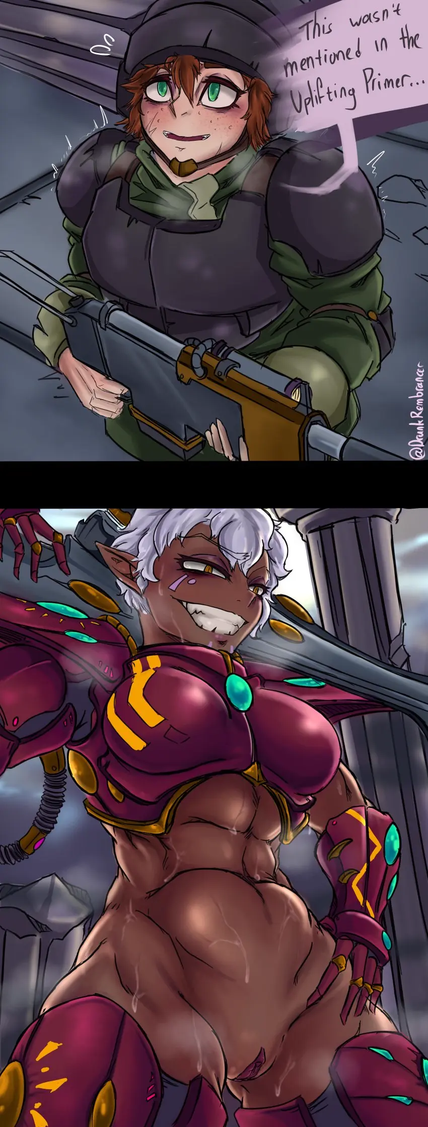 Image 1girls,female,hi_res,white_hair,1boy,male,navel,pussy,short_hair,dark_skin,shaved_pussy,text,clitoris,green_eyes,absurd_res,brown_hair,dark-skinned_female,dialogue,english_text,abs,speech_bubble,eldar,warhammer_(franchise),warhammer_40k,armor,sword,helmet,clitoral_hood,gun,aeldari,taller_female,imperium_of_man,astra_militarum,drunkrembrancer,imperial_guard,gyaru_eldar_(drunkrembrancer),dire_avengers,guardsman_(warhammer_40k),lasgun