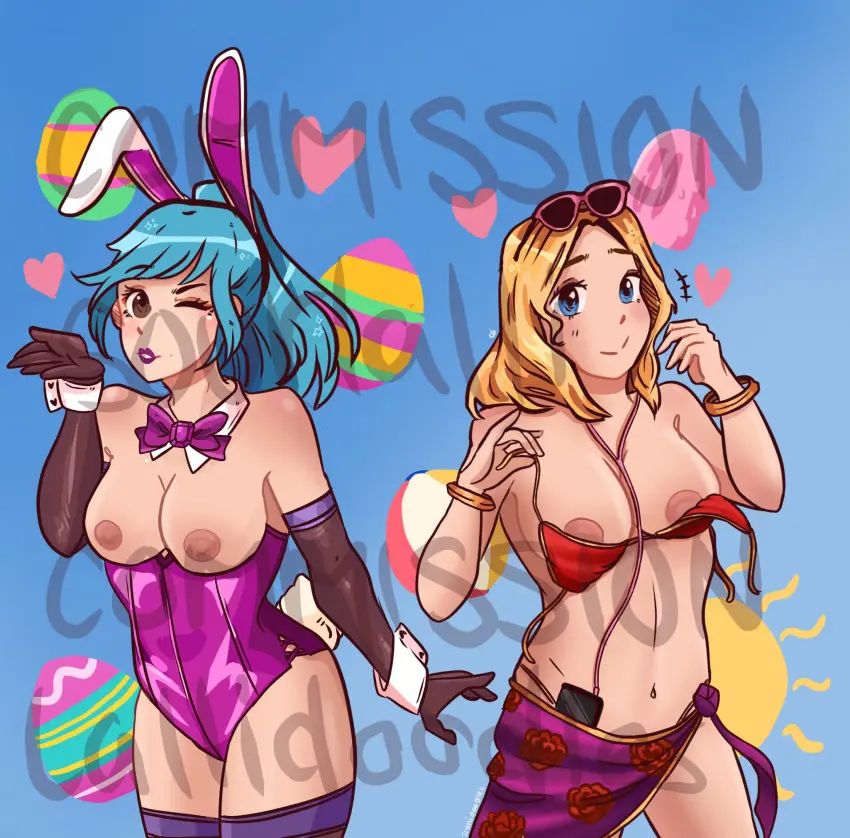 Image female,light-skinned_female,light_skin,2girls,blue_hair,multiple_girls,watermark,blonde_hair,asian_mythology,goddess,mythology,smite,european_mythology,bunny_ears,greek_mythology,alternate_costume,chinese_mythology,aphrodite_(smite),nu_wa_(smite),beach_babe_aphrodite,lallidoodles,playful_bunny_nu_wa
