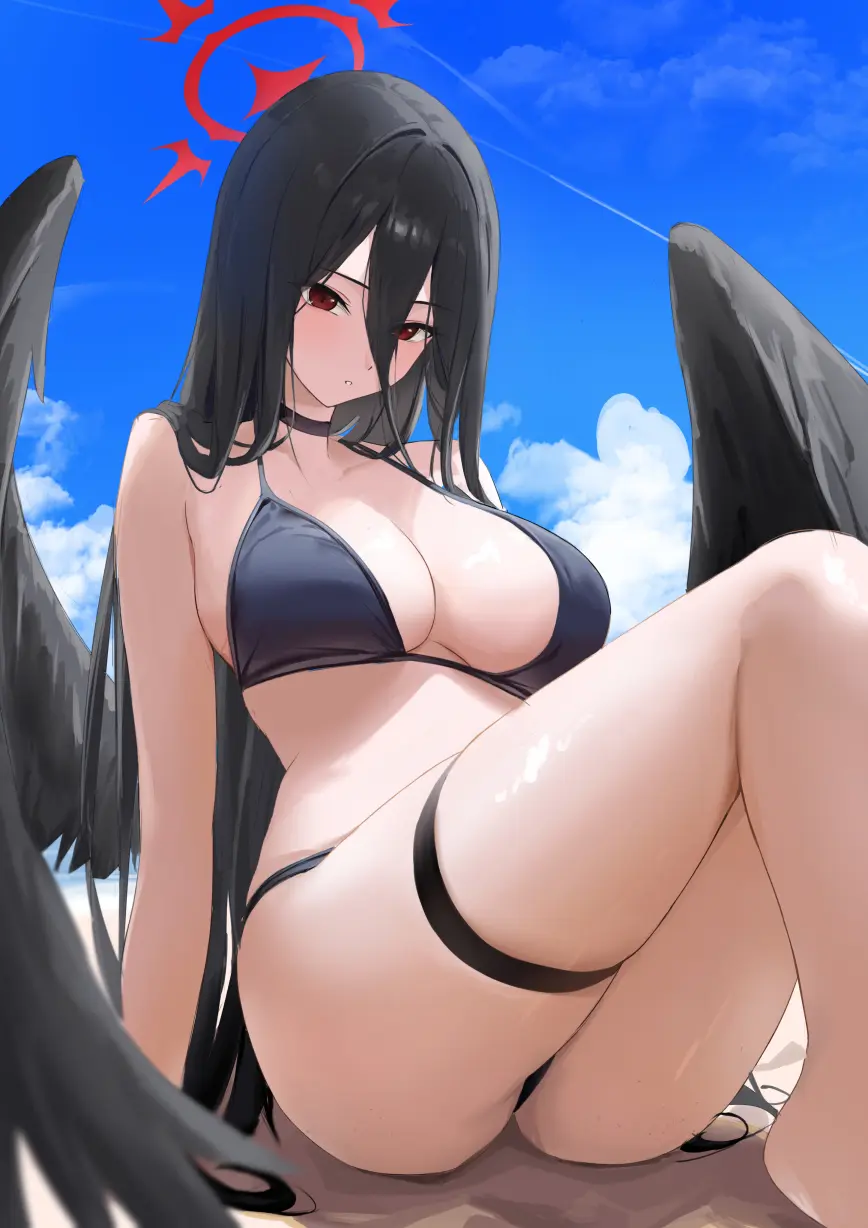 Image breasts,female,highres,large_breasts,long_hair,looking_at_viewer,red_eyes,solo,very_long_hair,black_hair,blue_archive,bikini,ass,thick_thighs,thighs,wide_hips,sky,bare_shoulders,cleavage,feathered_wings,low_wings,wings,sitting,swimsuit,halo,cloud,black_wings,hair_between_eyes,hasumi_(blue_archive),outdoors,alternate_costume,black_bikini,thigh_strap,huge_thighs,blue_sky,day,justice_task_force_(blue_archive),red_halo,trinity_general_school_student,knees_up,cloudy_sky,bare_arms,long_bangs,haro_art