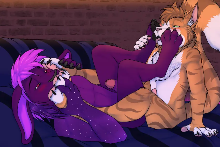 Image blush,hi_res,long_hair,open_mouth,smile,licking,male,nude,penis,tail,tongue_out,tongue,duo,erection,feet,male/male,digital_media_(artwork),hair,anthro,purple_fur,foot_fetish,absurd_res,purple_hair,fur,genitals,mammal,claws,paws,toe_claws,orange_body,feline,purple_body,space,toes,orange_fur,lagomorph,leporid,rabbit,felid,domestic_cat,felis,pawpads,foot_play,4_toes,foot_lick,sniffing,foot_on_face,3dinoz,foot_sniffing,grayson_(programmerkitty),liozn_the_spacebun