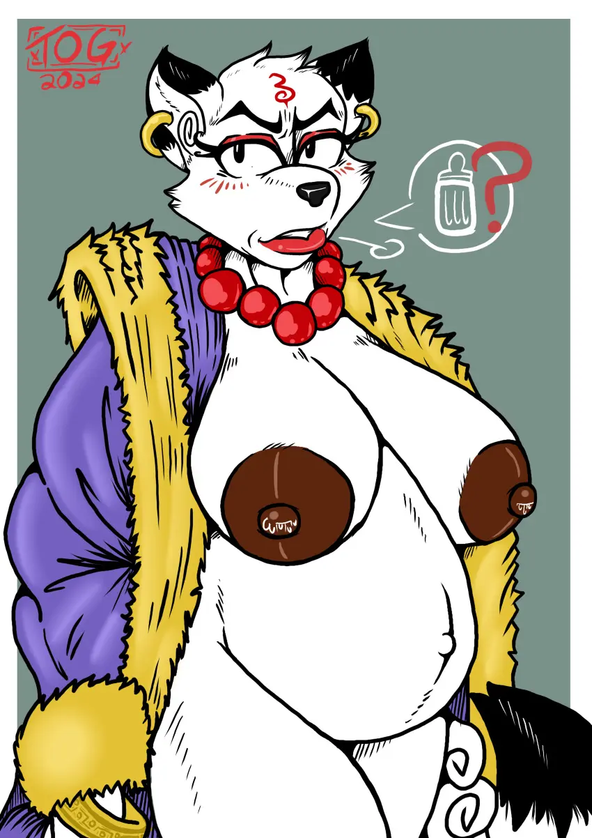 Image blush,clothing,female,hi_res,nipples,solo,areola,digital_drawing_(artwork),digital_media_(artwork),jewelry,pregnant,pregnant_female,anthro,milk,piercing,absurd_res,necklace,pose,pinup,mature_female,lactating,bodily_fluids,fur,mammal,ear_piercing,bracelet,2024,white_body,dark_nipples,mustelid,white_fur,ear_ring,ring_piercing,breast_milking,robe,musteline,black_ear_tips,true_musteline,weasel,xxtheoneguyxx,keiko_tachibana