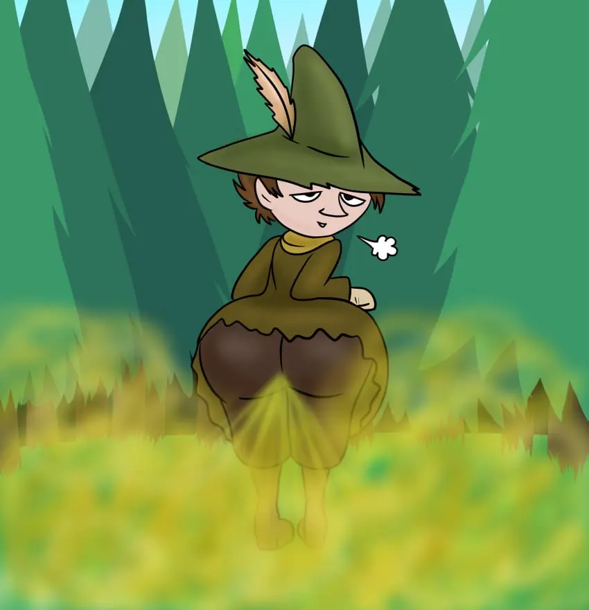 Image solo,1boy,male,background,blue_background,green_hat,huge_ass,huge_butt,sky,male_only,solo_focus,feathers,brown_background,male_focus,green_background,commission,forest_background,green_clothing,brown_clothing,yellow_clothing,fart,fart_cloud,fart_fetish,commissioner_upload,relief,male_fart,yellow_scarf,farting_at_viewer,green_fart,moomin,relieved,serafim6394,snufkin,the_moomins,yellow_fart