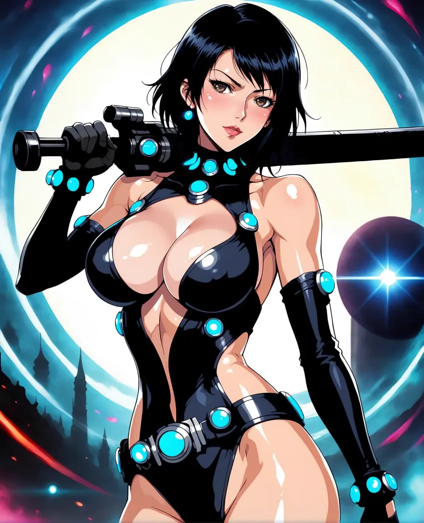 Image breasts,clothing,female,shiny_skin,black_hair,gloves,short_hair,ai_generated,cleavage,medium_breasts,cleavage_cutout,original,leotard,weapon,sword,boob_window,mexkwigo,clothing_cutout,gantz,gantz_(cosplay),gantz_suit