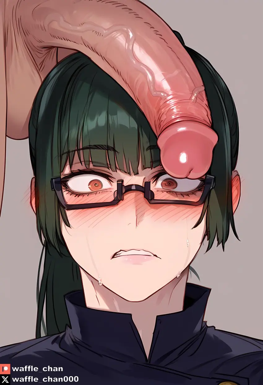 Image 1girls,brown_eyes,female,1boy,male,penis,straight,big_penis,ai_generated,glasses,huge_cock,light-skinned_male,school_uniform,green_hair,large_penis,jujutsu_kaisen,zenin_maki,suprised_look,penis_worship,penis_on_head,waffle_chan