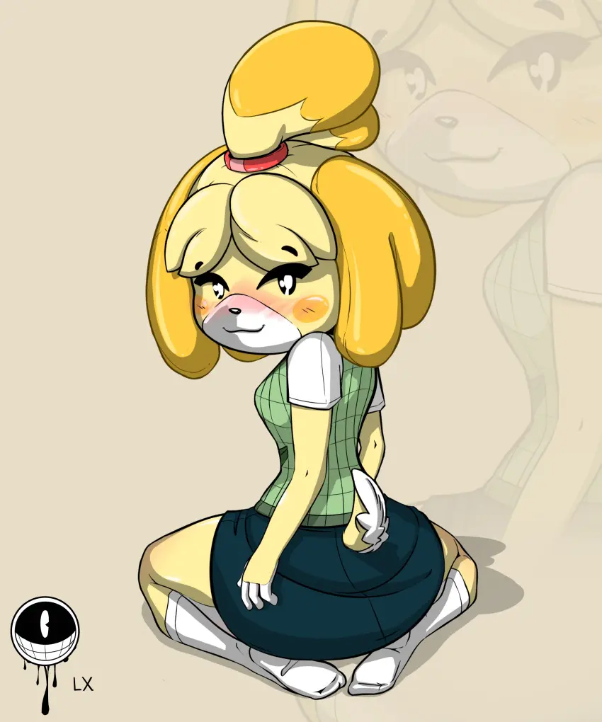 Image 1girls,clothed,clothing,female,female_only,simple_background,smile,solo,tail,furry,ass,female_focus,clothed_female,clothes,solo_focus,furry_female,nintendo,canine,canis,yellow_fur,black_eyes,dog_girl,animal_crossing,black_nose,canine_humanoid,isabelle_(animal_crossing),back_view,furry_only,furry_ears,furry_tail,animal_crossing_new_horizons,eye_markings,furry_ass,lx_art,animal_crossing_new_leaf