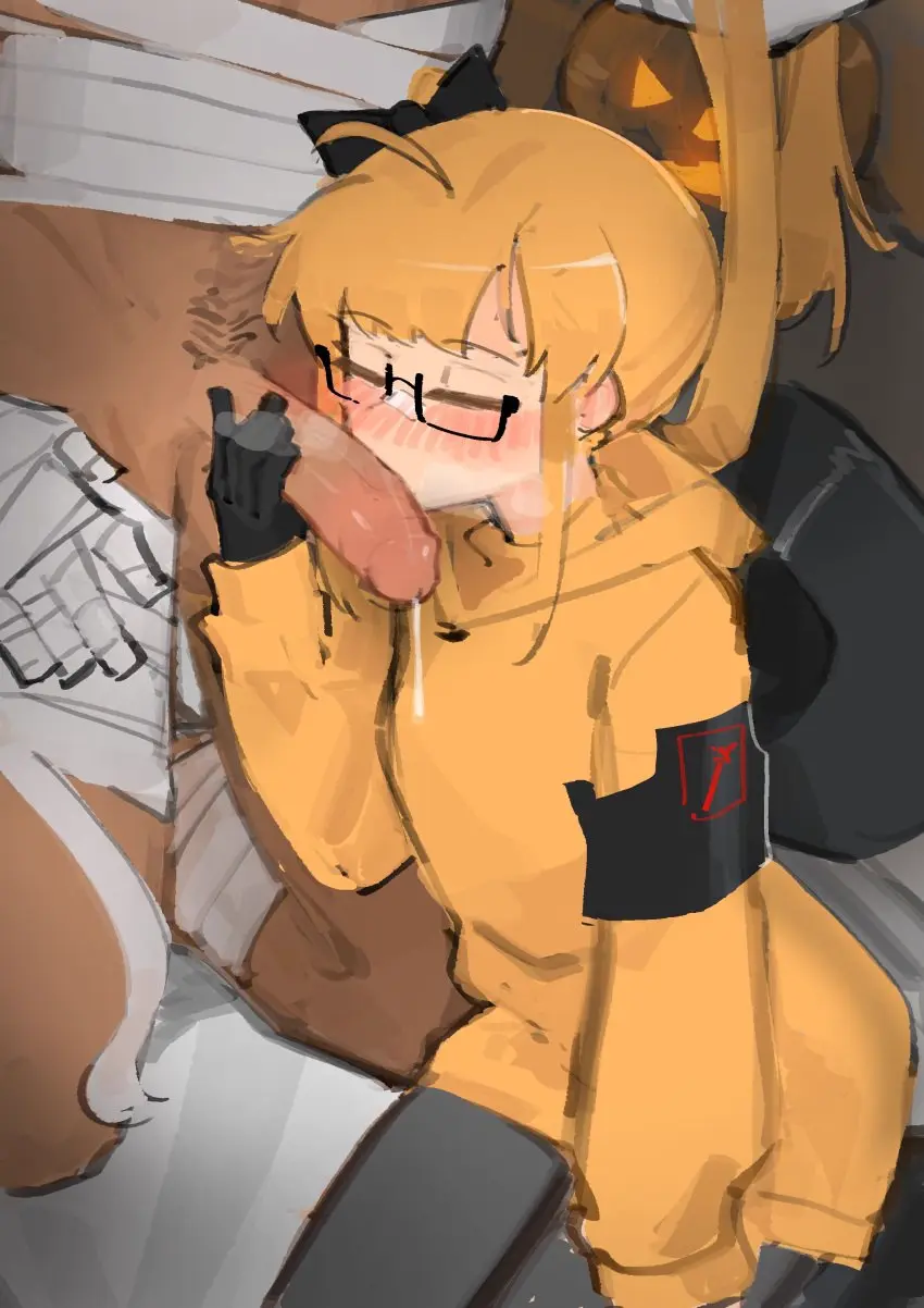 Image blush,bow,breasts,female,hairbow,highres,long_hair,parted_bangs,1boy,absurdres,black_gloves,cum,gloves,male,nude,oral,penis,sidelocks,straight,small_breasts,uncensored,erection,fellatio,kneeling,dark_skin,glasses,blonde_hair,original,ahoge,pubic_hair,male_pubic_hair,cumdrip,holding,side_ponytail,hood,breath,hoodie,bandaged_hand,pantyhose,clothed_female_nude_male,tagme_(artist),bandages,armband,black_bow,bandaid,black_armband,holding_hair,jack-o'-lantern,hood_down,bandaid_on_face,bandaid_on_nose,banana_batter,nana-chan_(banana_batter),nana_(xerbatt),xerbatt,yellow_hoodie