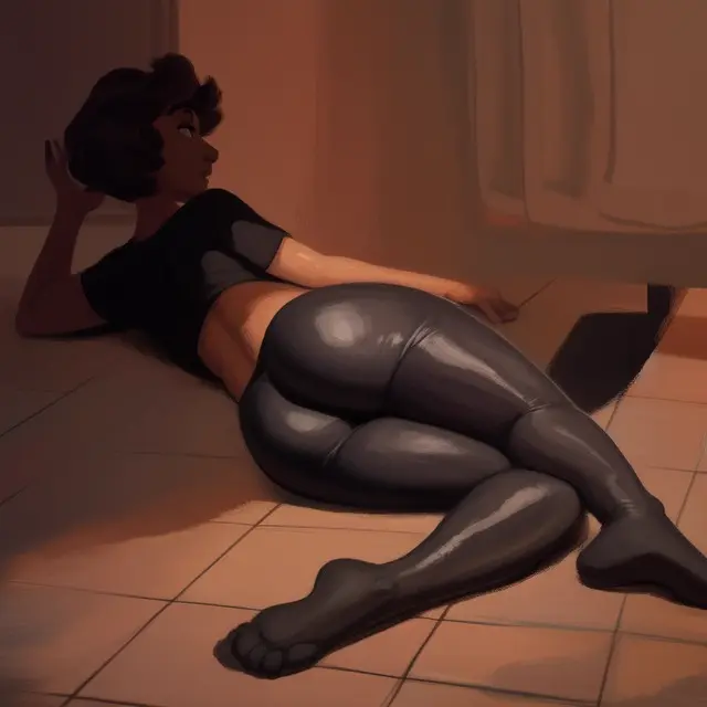 Image female,looking_at_viewer,shiny_skin,black_legwear,lying,ass,bubble_ass,bubble_butt,looking_back,feet,ai_generated,thick_ass,tight_clothing,tile_floor,tiles,back_view,wrinkles,toes,tight_fit,black_shirt,tights,tight_pants,lying_on_ground,lying_on_floor,exposed_back,diplive7,dark_environment,moody_lighting