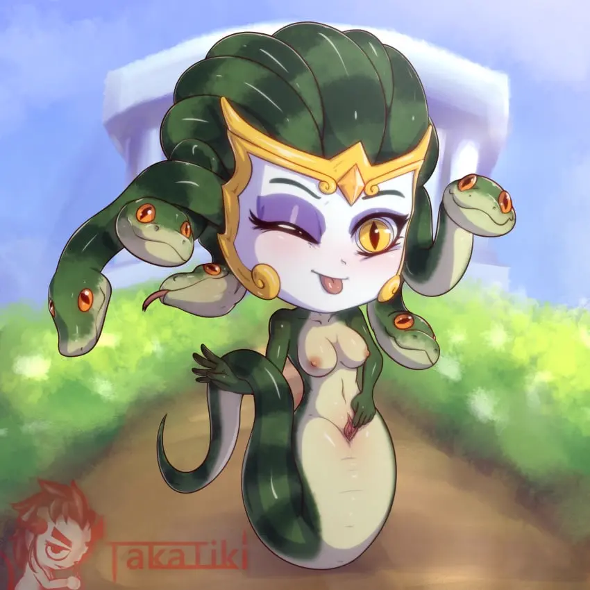 Image 1girls,breasts,female,solo,nude,pussy,green_skin,mythology,smite,wink,winking_at_viewer,european_mythology,greek_mythology,chibi,chibi_style,takatiki,medusa_(smite)